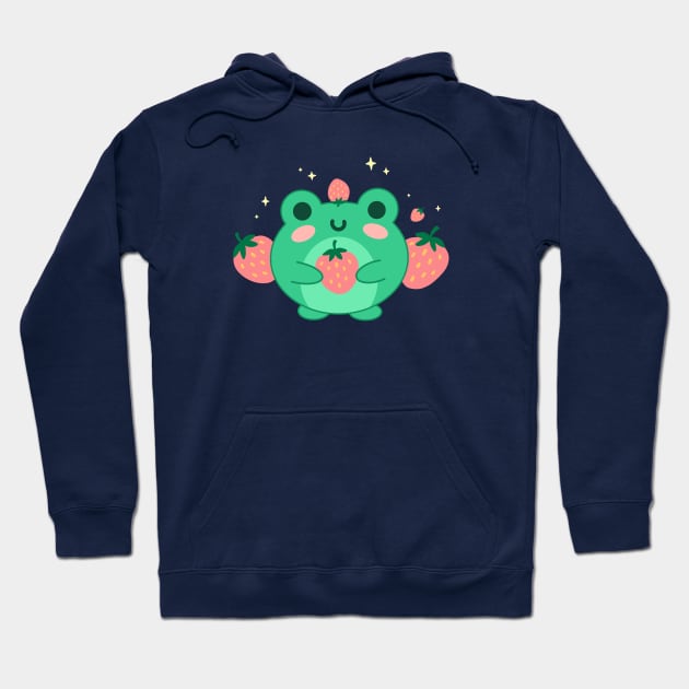 Neon Green Kawaii Frog, Blushing Strawberry, Retro Japanese Aesthetic Hoodie by Ministry Of Frogs